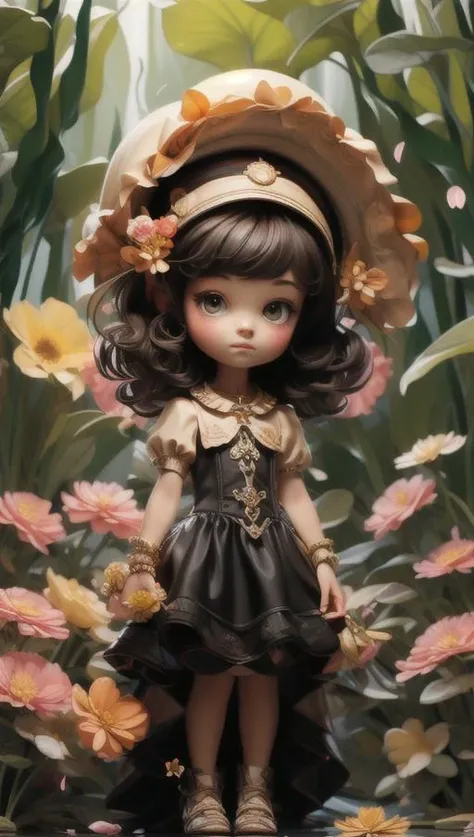 Full Fantasy Flower,<lora:Full Fantasy 000008:0.7>,holding flowers in hand,flower sea,creek,hat,forest,black dress,