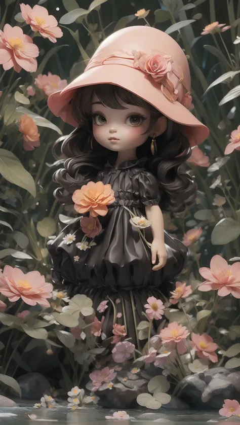 Full Fantasy Flower,<lora:Full Fantasy 000008:0.7>,holding flowers in hand,flower sea,creek,hat,forest,black dress,