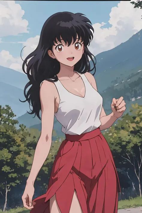 masterpiece, best quality, 1girl, solo, looking at viewer, <lora:EPinKagome-13:0.7>, EPinKagome black hair, brown eyes, detailed background, anime coloring, anime screencap, 2000s (style), full body, mountain, dark, paw pose, sleeveless, high-waist skirt, ...