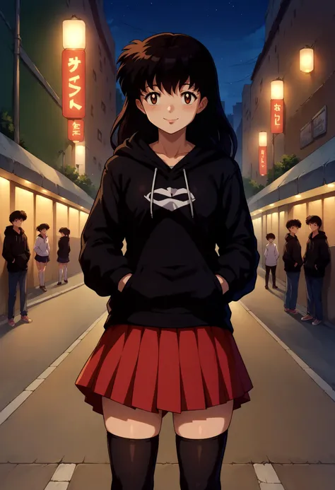 score_9, score_8_up, source_anime, 1girl, EPinKagome, <lora:EPinKagumeSDXL:1>, black hoodie, street, outdoors, hands in pockets, black thighhighs, skirt, seductive smile, night,