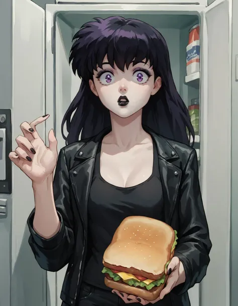 <lora:EPinKagumeSDXL:1> epinkagome, score_9, score_8_up, score_7_up, 1girl, goth, black leather jacket, pale skin, purple eyes, looking at viewer, black tank top, eyeshadow, black lips, surprised, holding a sandwich, looking at viewer, standing by open ref...