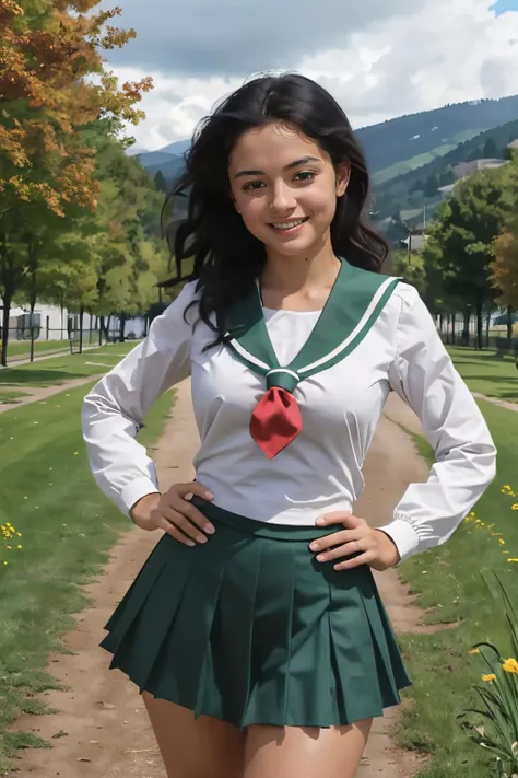 EPinKagome black hair, brown eyes, pleated green skirt, kneehighs, green sailor collar, long sleeves, neckerchief, school uniform, looking at viewer, smiling, standing, hands on hips, outside, field, dirt path, trees, hills, cloudy, high quality, masterpie...