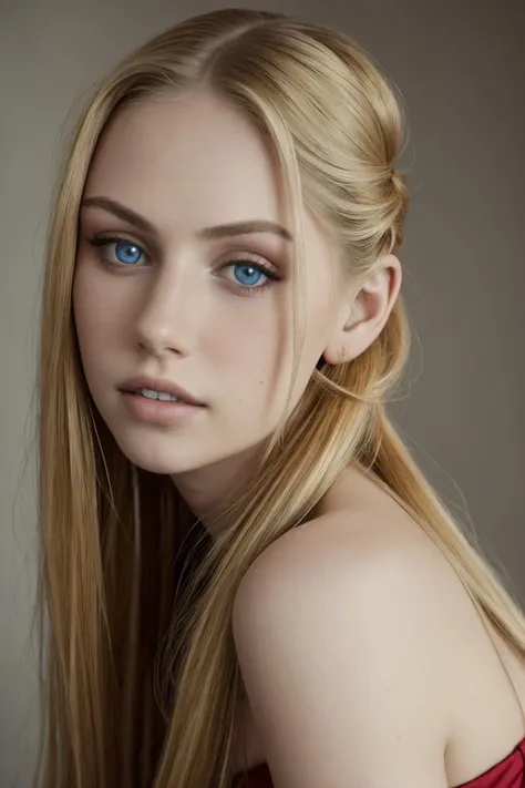 masterpiece, best quality, perfect angle, award winning,  professional portrait photo of a woman, Scarlett Rose,  close-up, detailed beautiful eyes, posing for the camera, smile, long golden blonde braids,  wearing a red dress, sharp focus, detailed, intri...