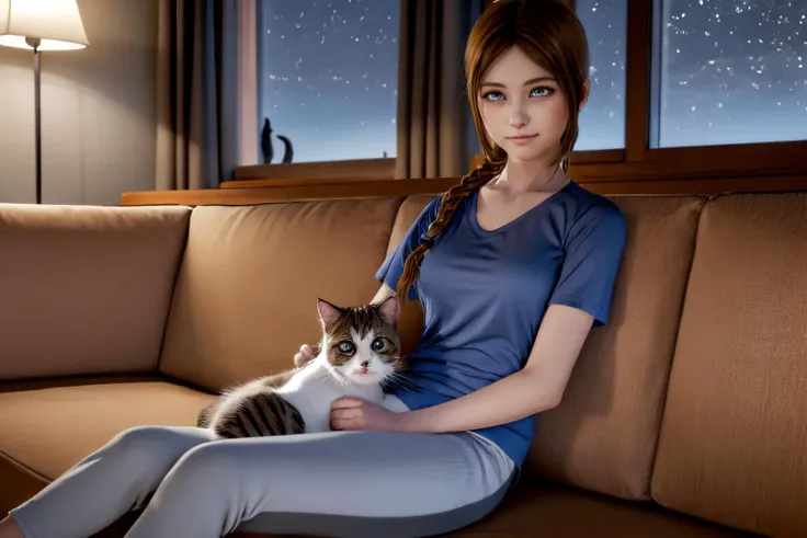 (((a woman sitting on a couch, at night, bored, BREAK cute cat on womans lap:1.2))), beautiful lights, award winning, crowd of people, beautiful eyes, beautiful girl, high detail skin, high detail eyes, high detail hair, highres, ultra detailed, sharpen pi...