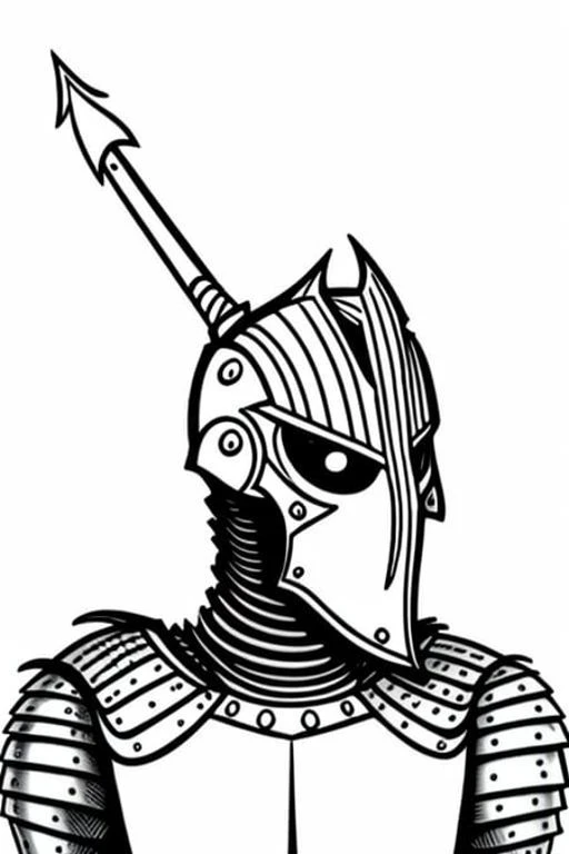 a black and white drawing of a knight in armor