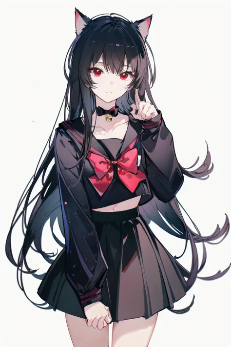 -1girl, solo, long hair, skirt, red eyes, black hair, animal ears, school uniform, white background, black skirt, bow, simple background, serafuku, cat ears, choker, looking at viewer, long sleeves, red bow, pleated skirt, shirt, bowtie, bell, black serafu...