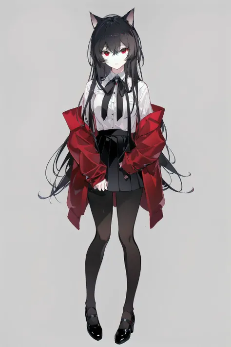 -1girl, solo, pantyhose, skirt, red eyes, black hair, long hair, animal ears, black pantyhose, shirt, white shirt, simple background, full body, looking at viewer, cat ears, black skirt, grey background, standing, shoes, black footwear, long sleeves, hair ...