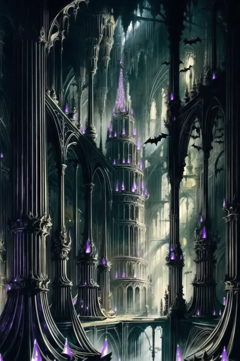 <lora:DarkElves:1> DarkElves, bats, fantasy, gothic architechture, spider motifs, purple lights, in a cave, castle with towers, best quality, masterpiece, <lora:more_details:0.65>