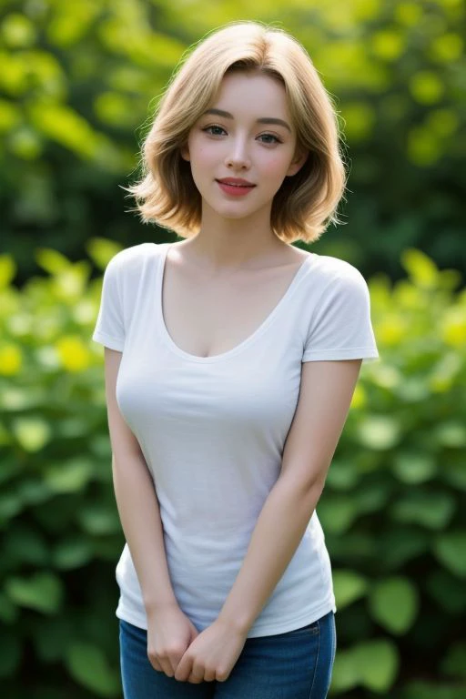 (best quality, photorealistic), blonde hair, busty figure, beautiful blue eyes, wearing a white t-shirt and blue jeans, standing in a colorful garden with blooming flowers, soft sunlight illuminating her face, shadows playing on her skin, gentle breeze ruf...