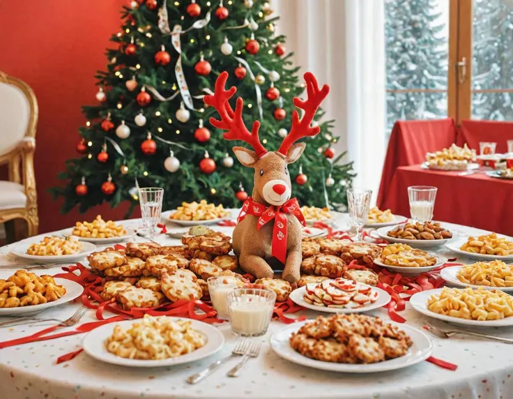 comic book art of a Reindeer in red and white colors sit behind a table full of latkesfy food in a Christmas party, a Christmas tree with gifts and colorful silk ribbons as background, indoor, close-up shot <lora:Latkesfy_-_lets_all_be_crispy_this_year:0.8...