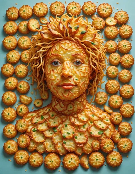 latkesfy, Food collage, person made out of pastries, whimsical scene, in the style of Yoko Tanji