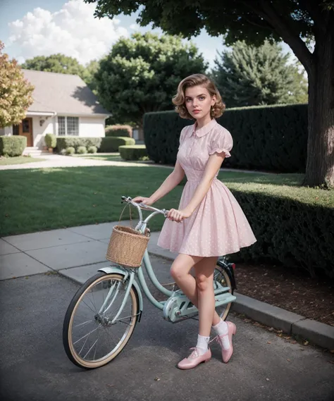 1950s Suburbia (style) photo of 20 year old jp-katiaFinal-2600 ,Soft curls, light eyeliner, pink lips, Polka dot dress, white ankle socks, ballet flats, Picket fence, manicured lawn, bicycle with basket, Canon EOS 5D Mark IV, 50mm f/1.8, 1/100s, ISO 160...