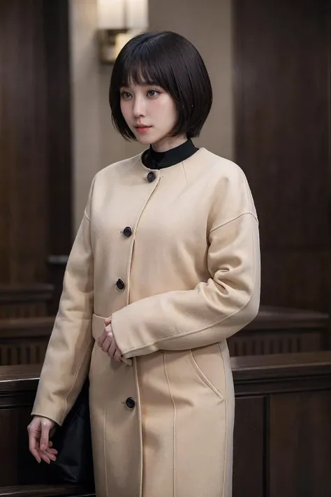 <lora:ExAttnWoo_V1a_LoCon-000018:0.85>, medium shot, front view, realistic photo of ExAttnWoo, a woman, 30 years old, short, wearing a tan jacket with black buttons, standing in court, looking at the camera, simple background, (masterpiece:1.0), (best qual...