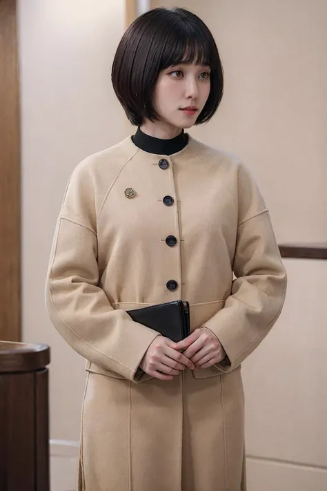 <lora:ExAttnWoo_V1a_LoCon-000018:0.85>, medium shot, front view, realistic photo of ExAttnWoo, a woman, 30 years old, short, wearing a tan jacket with black buttons, standing in court, looking down, simple background, (masterpiece:1.0), (best quality:1.0),...