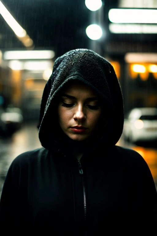 analog photo,( silhouette:0.8), spotlight, close up portrait,
a beautiful  intelligent looking european woman in heavy rain, 
raining,  eyes closed, sad facial expression, looking down, nude,
seducing facial expression, wearing a black mantle and a black h...