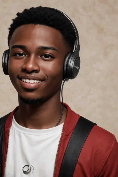 close-up photo portrait of a 25 yo young african man, black short african hair, stubble, brown eyes, excited face expression, headphones, simple background