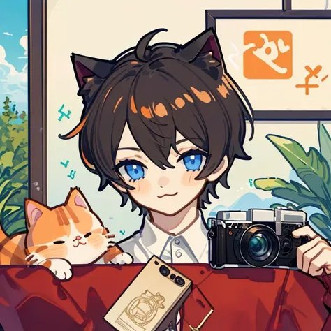 (1boy:1.3),solo,male focus,cat ears,cute,(cat boy is taking photo with a reika camera:1.2),(reika camera:1.2),(orange cat:1.2),:3,(baby cat:1.2),(black hair:1.2),star (symbol),blue eyes,smile,blush,illustration,(masterpiece:1.2),best quality,highly detaile...