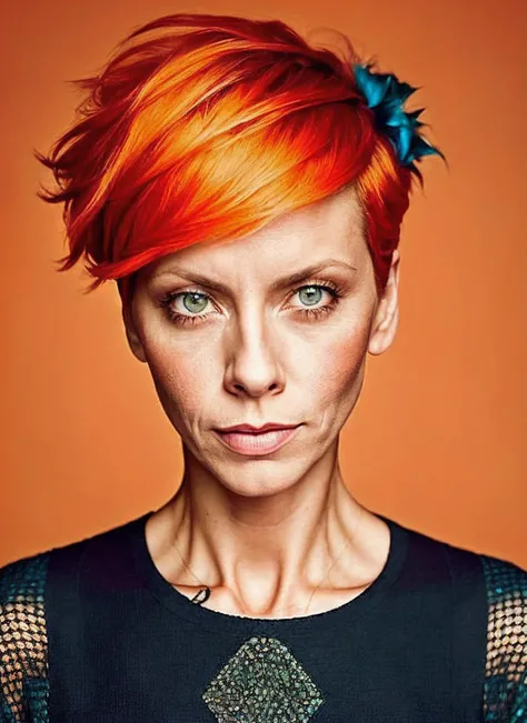 portrait of sks woman by Flora Borsi, style by Flora Borsi, bold, bright colours, orange Mohawk haircut, ((Flora Borsi)), <lora:locon_anita_v1_from_v4_64_32:1.3>