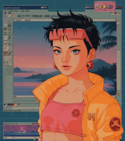 anime girl with headband and pink top in front of a computer screen