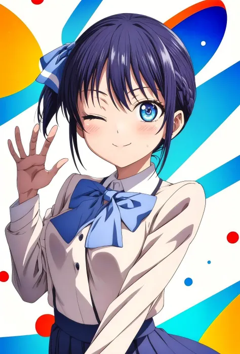 a woman in a school uniform is making a peace sign