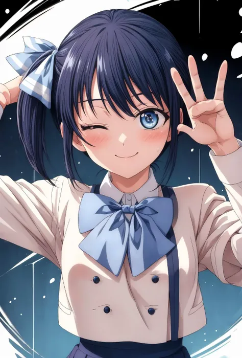 anime girl with blue eyes and a bow tie making a peace sign