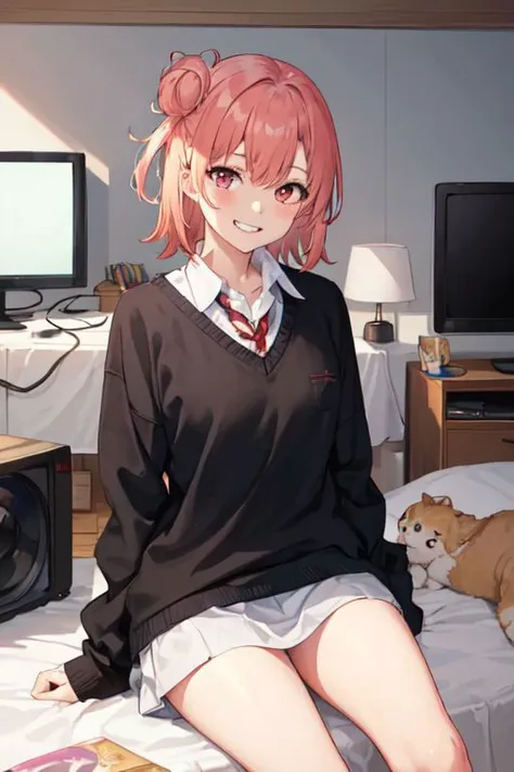 anime girl sitting on bed with cat and dog in background