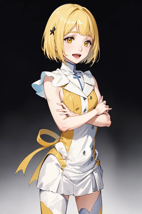 ((((masterpiece)))), ((((best quality)))), detailistic, 1girl,solo , <lora:Liltotto_Lamperd:1> liltotto lamperd, blonde hair, yellow eyes transparent bodystocking, smile , open mouth , crossed arms  , flat chest