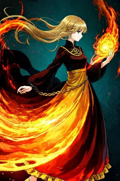 girl with a long dress dancing in fire