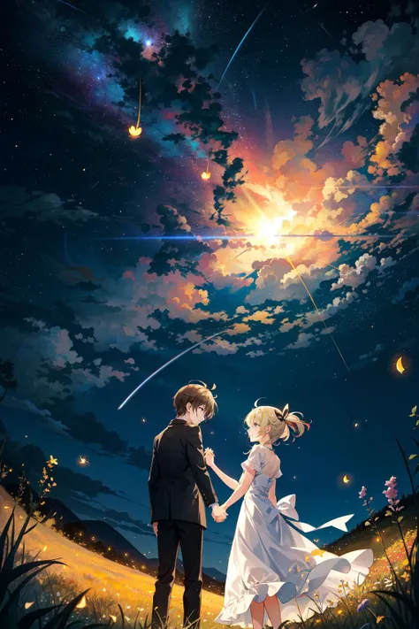 Night, night sky, meadow, surrounded by fireflies, surrounded by small light balls, circled by small light balls, Cheerful smile, holding out hands to catch fireflies, holding out hands to catch light balls, illuminate by small light balls, rainbow colored...