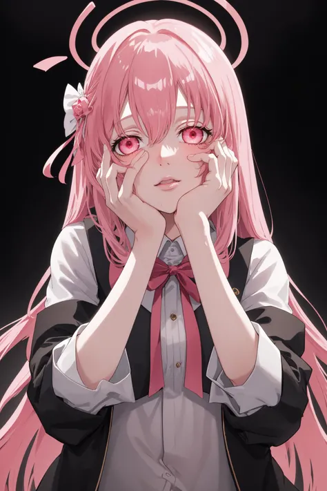 ((((masterpiece)))), ((((best quality)))), detailistic, 1girl,solo , <lora:yandere_trance:1> yandere trance, hands on own face <lora:hanako-off:1> hanako (blue archive), long hair, pink hair , blood , glowing eyes , pink eyes