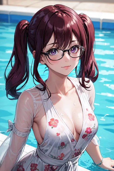 beautiful, (masterpiece), best quality, (extremely detailed face), extremely detailed eyes,  perfect lighting, OverallDetail, detailed, deep skin,textured skin,
,AresiaOC, violet eyes, burgundy hair, twintails, glasses, medium breasts ,<lora:AresiaOC:0.8>,...