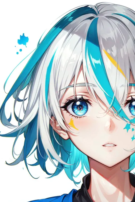 anime girl with blue hair and white hair with stars on her face