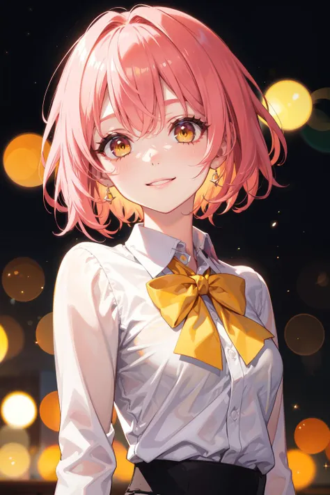 anime girl with pink hair and yellow bow tie standing in front of a black background