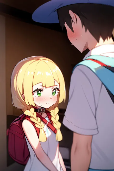 anime boy and girl with backpacks looking at each other