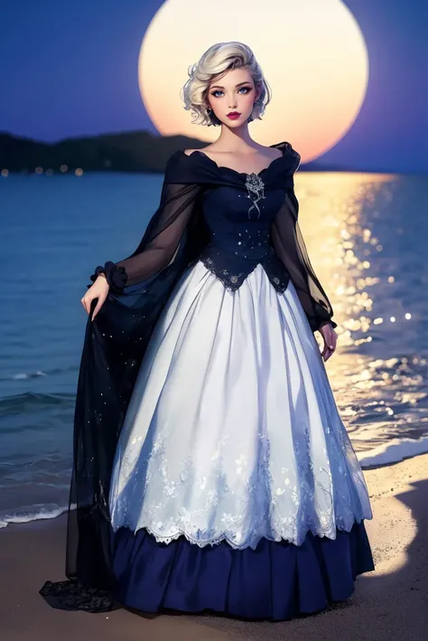 anime, woman, Adult, looking at viewer, (full body photo:1.3), (platinum blonde pixie cut), b34uty_g0wn_4,long gown, full skirt, sparkles, brooch, lace, puffy underskirt, long sheer sleeves, long cloak, <lora:b34uty_g0wn_4-13:0.765>, best quality, hi...
