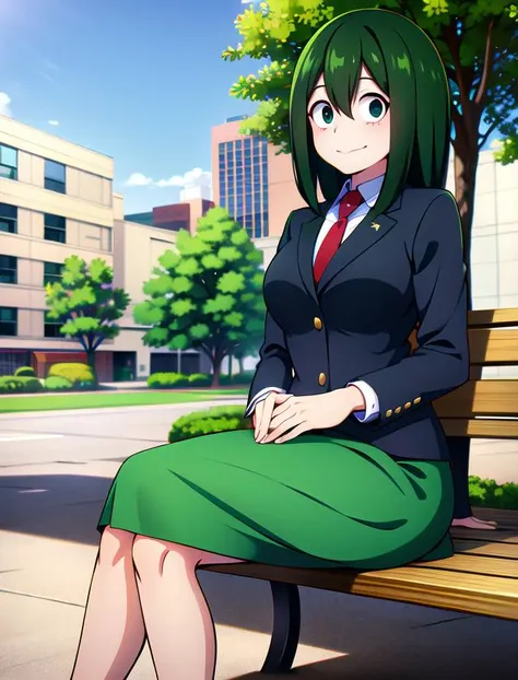 anime girl sitting on a bench in a city park