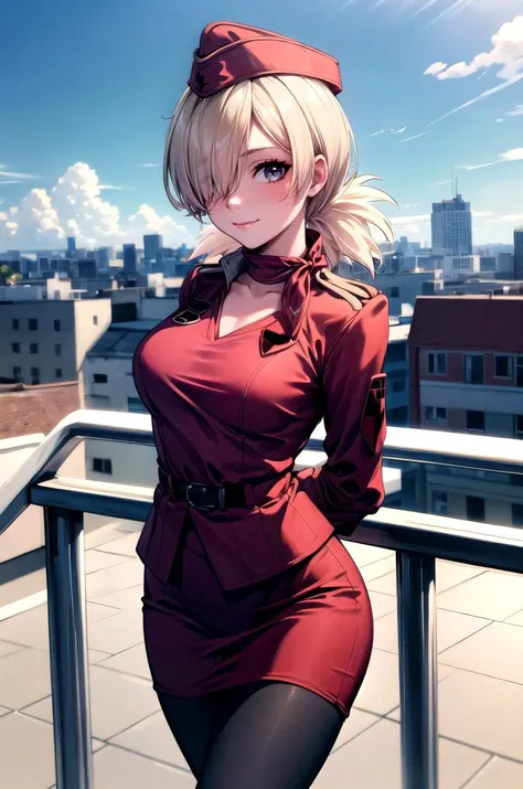 anime girl in red dress standing on a balcony with city in background