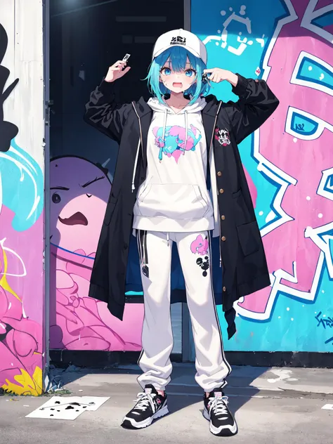 arafed girl in a white shirt and black jacket posing in front of a graffiti wall