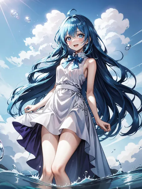 a girl with blue hair standing in the water with bubbles and bubbles around her head,and a blue sky background with clouds and flowers,and a blue sky with bubbles,bubble,cloud,water drop,sky,day,1girl,blue sky,cloudy sky,?,ocean,water,air bubble,solo,long ...