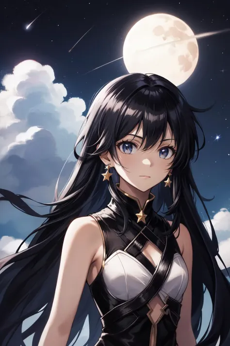 star_(sky), starry_sky, cloud, sky, moon, night, night_sky, shooting_star, crescent_moon, black_hair, solo, long_hair, space, looking_at_viewer, cloudy_sky, 1girl, upper_body, earrings, fire, constellation