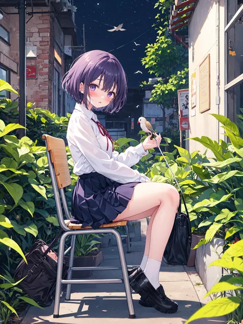 1girl, bag, bangs, bird, blurry, blush, building, claws, collared shirt, crying, day, fantasy, from side, giant, long hair, long sleeves, looking at viewer, night, outdoors, plant, pleated skirt, purple ribbon, scenery, school chair, shirt, shoes, short ha...