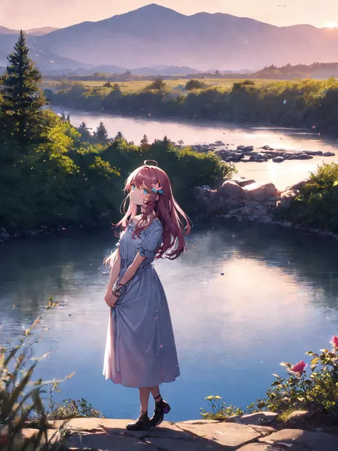 anime girl standing on a rock overlooking a river and mountains