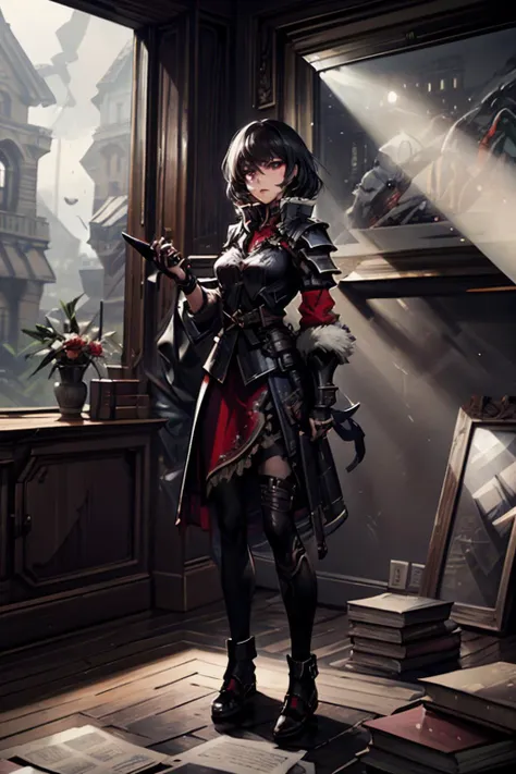 a woman in a black and red outfit holding a sword