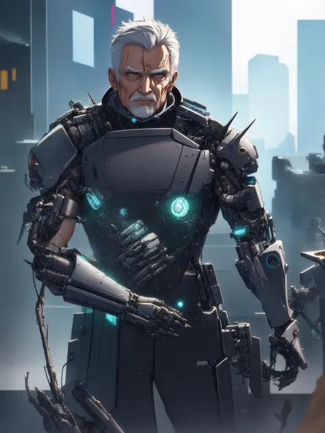 Clean and exquisite composition,A scene full of details,Exquisite and delicate and beautiful,The old man,Cyberpunk,Reformer,Physical transformation,Machine armour, mechanical prosthesis,cyborg,solo,