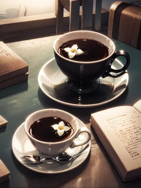 there are two cups of coffee on a table with a book