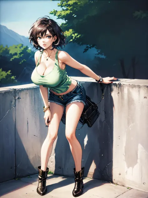 anime girl with short hair and green top leaning on a wall