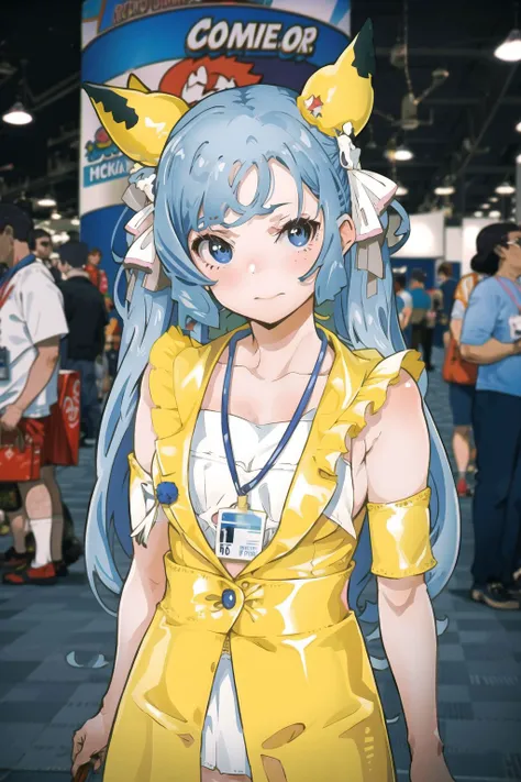 a close up of a person in a yellow dress with a blue hair