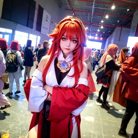 memgirl, <lora:de:0.8>, masterpiece, best quality,indoors,1girl,cosplay,(crowd), photo background, <lora:yaeMikoRealistic_yaemikoMixed:0.8>