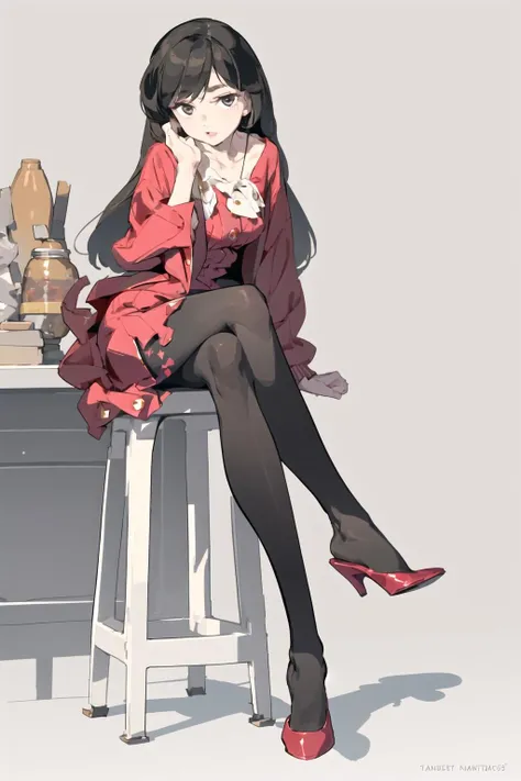 anime girl sitting on a stool with a cup of coffee