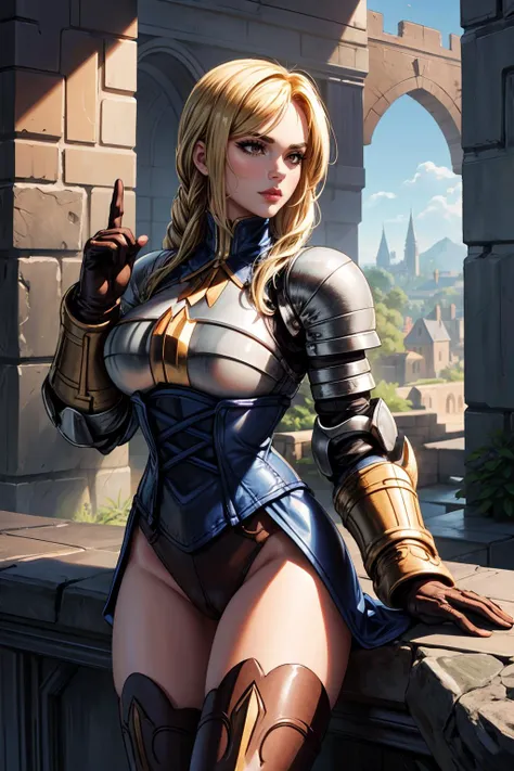 (masterpiece, 8k, 4k, extremely detailed, dynamic shading, best quality, absurdres:1.4) 1girl, nice hands, perfect hands, milf, mature, sexy, (large breasts:1.1) <lora:more_details:0.7>  <lora:agrias-nvwls-v1-final:1> full body, standing proud, armor, blon...